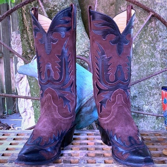 LUCCHESE Classics Handmade Vintage Tall Black Brown Leather Western Cowboy Boots - Picture 2 of 12